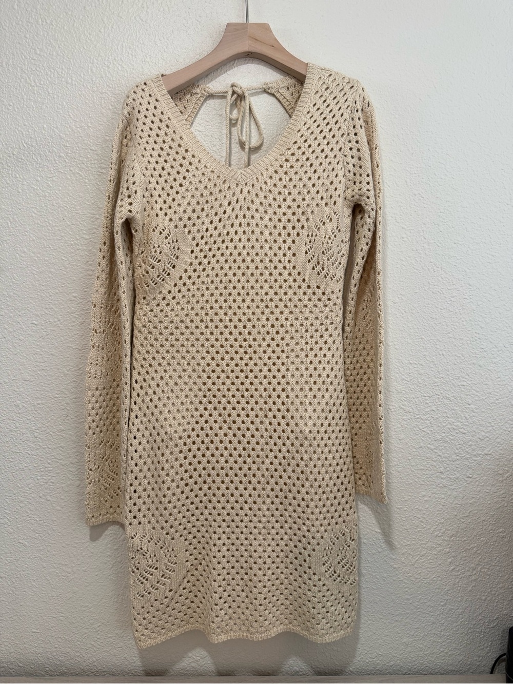 Crochet V-Neck Long Sleeve Dress in Cream - Picture 1 of 7